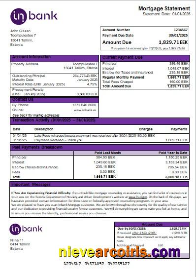 Estonia Inbank bank mortgage statement